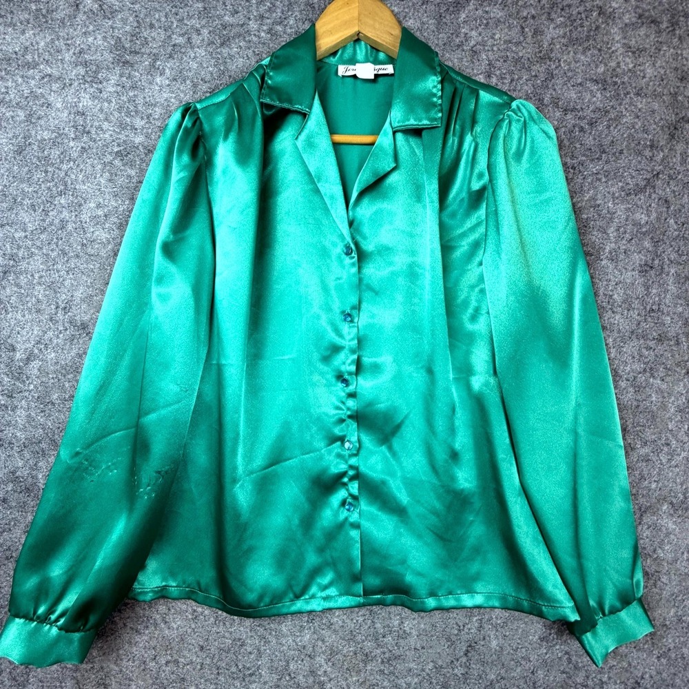 Vintage‎ Jeri Marque Secretary Blouse Womens 10 Green Satin Pleated Button Front